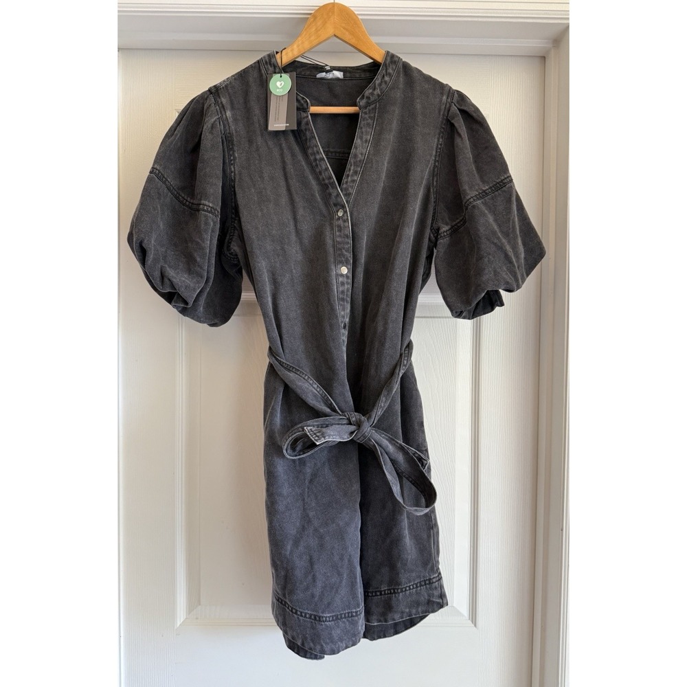 Rails Denim Dress Womens Medium Black Puff Sleeve Belted Mini Button Front NWT
